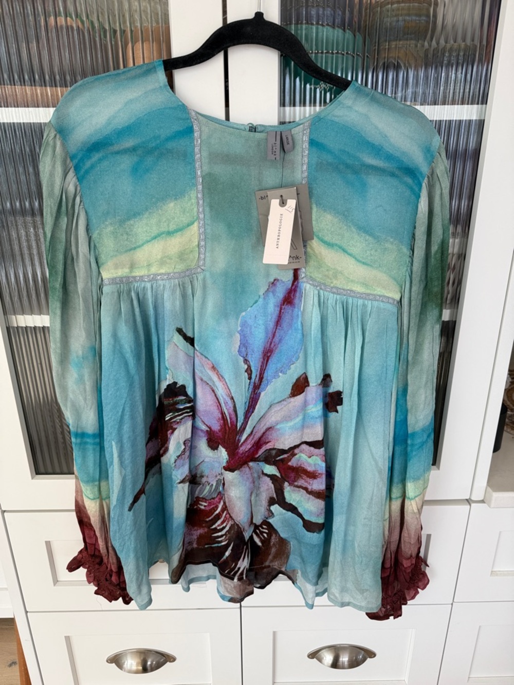 Anthropologie NWT “Blink” turquoise/ Aqua Floral Watercolor poet blouse